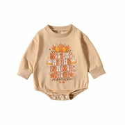 Girls Boys Onesie Casual Cartoon Letter Pumpkin Printed Long Sleeve Round Neck Halloween Bodysuit Newborn Classic Halloween Party One-Pieces,Khaki,0-6 Months